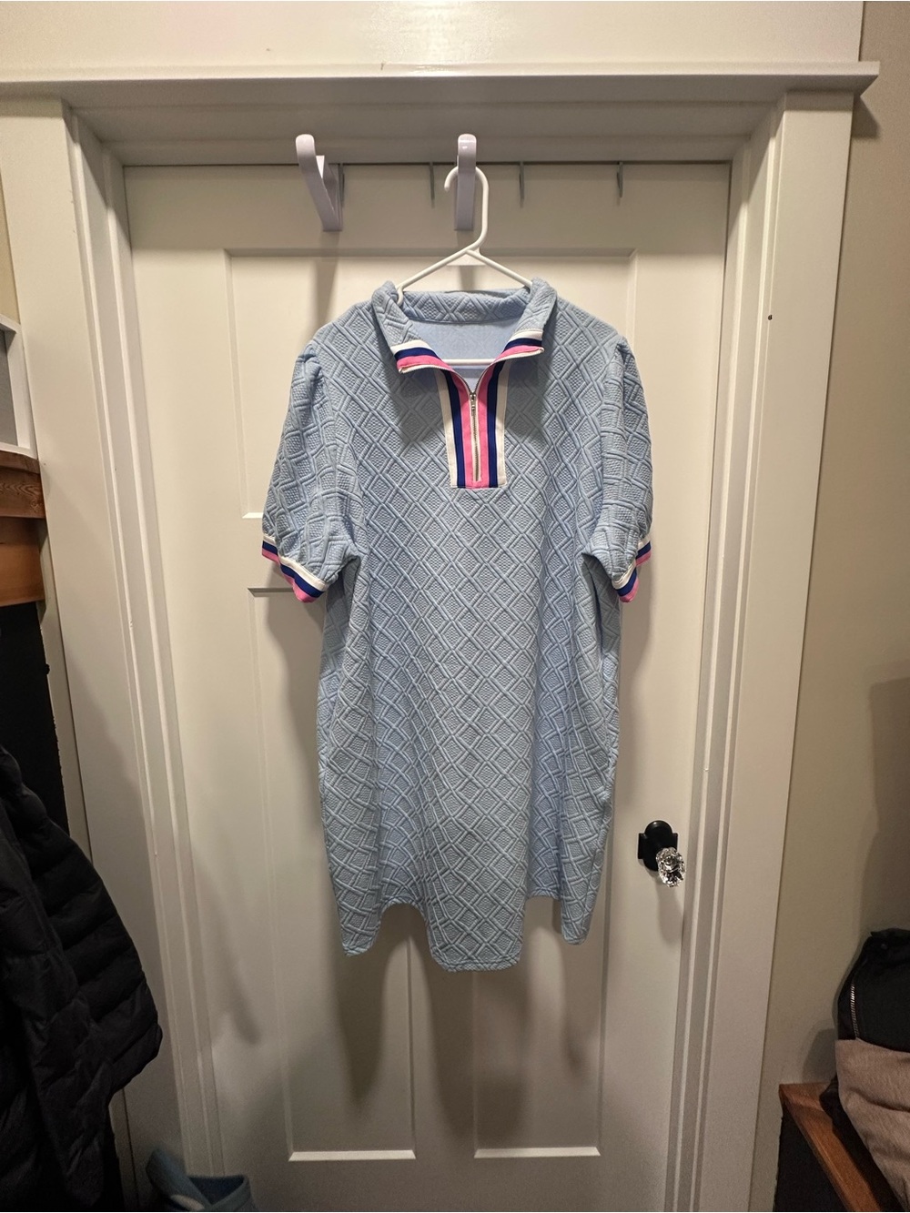 Light Blue Textured Short-Sleeve Dress with Stripe Trim